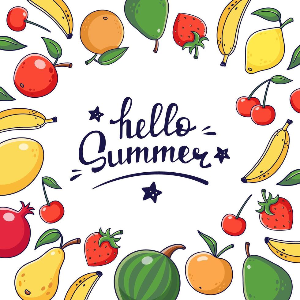Summer fruits harvest square frame. Hello Summer hand drawn lettering. Summer time postcard template. Juicy fruits frame in doodle style. Cartoon illustration, decor frame. Copy space vector