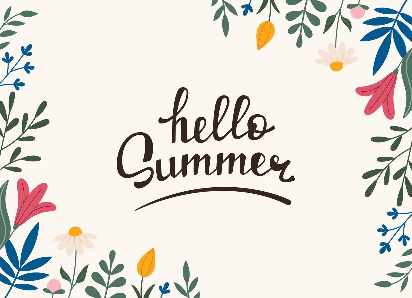 Decorative frame, border with flowers - tulip, leaves, lilies. . Hello summer lettering. Doodle style. Horizontal Copy space, design template. Hand drawn summer flowers and foliage vector
