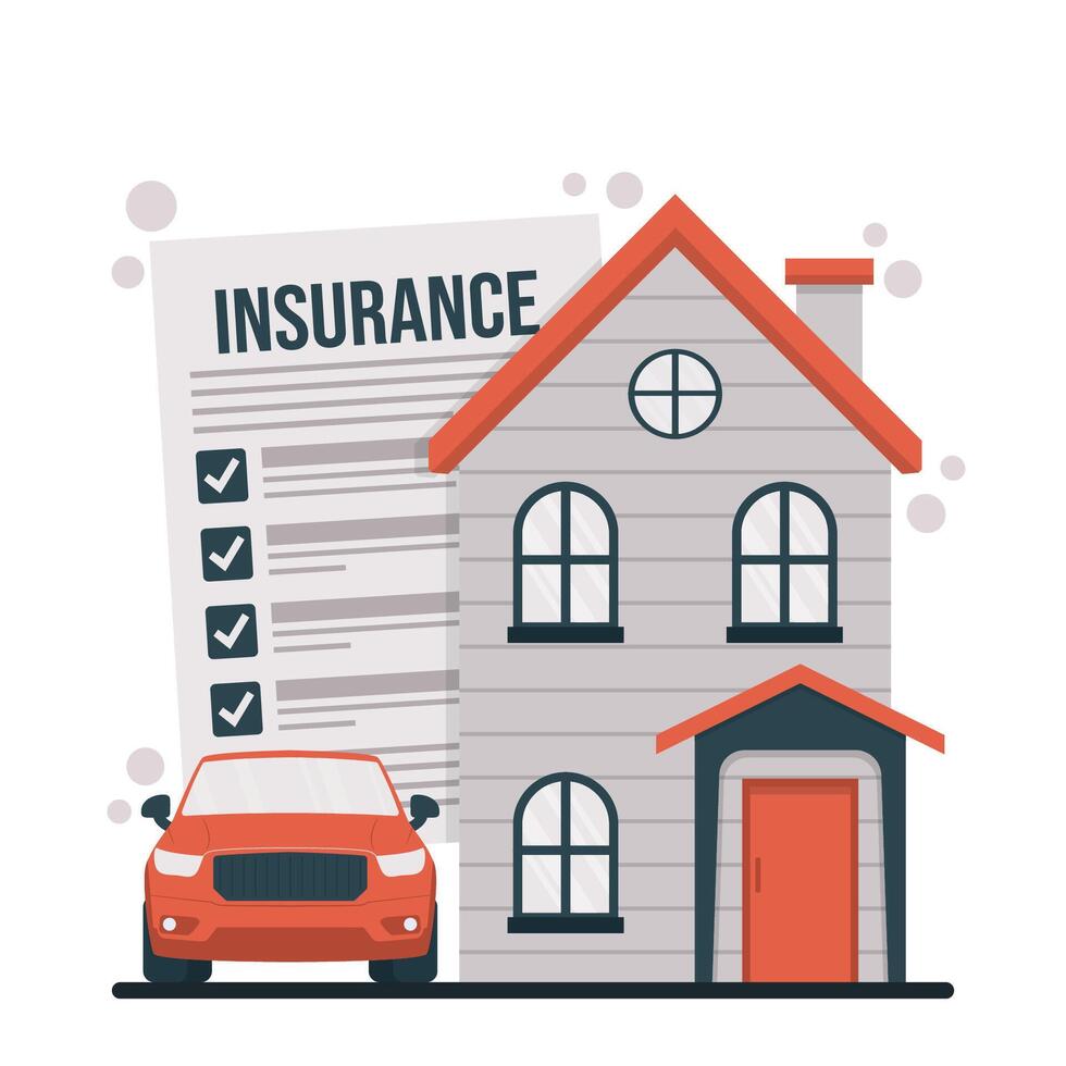 Property Insurance concept with house and car. illustration in flat style vector