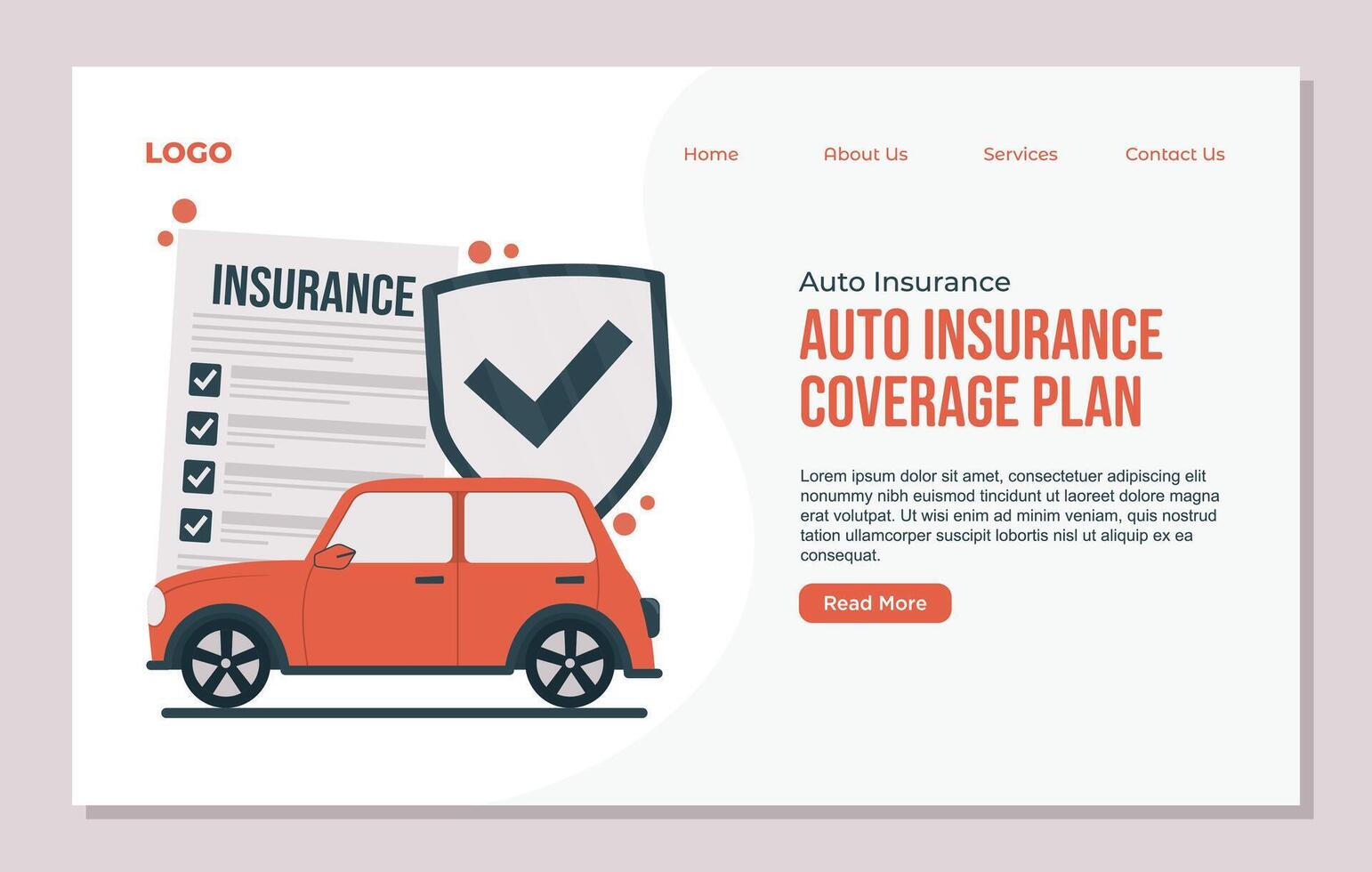 Auto insurance claim landing page template with car and check mark. vector