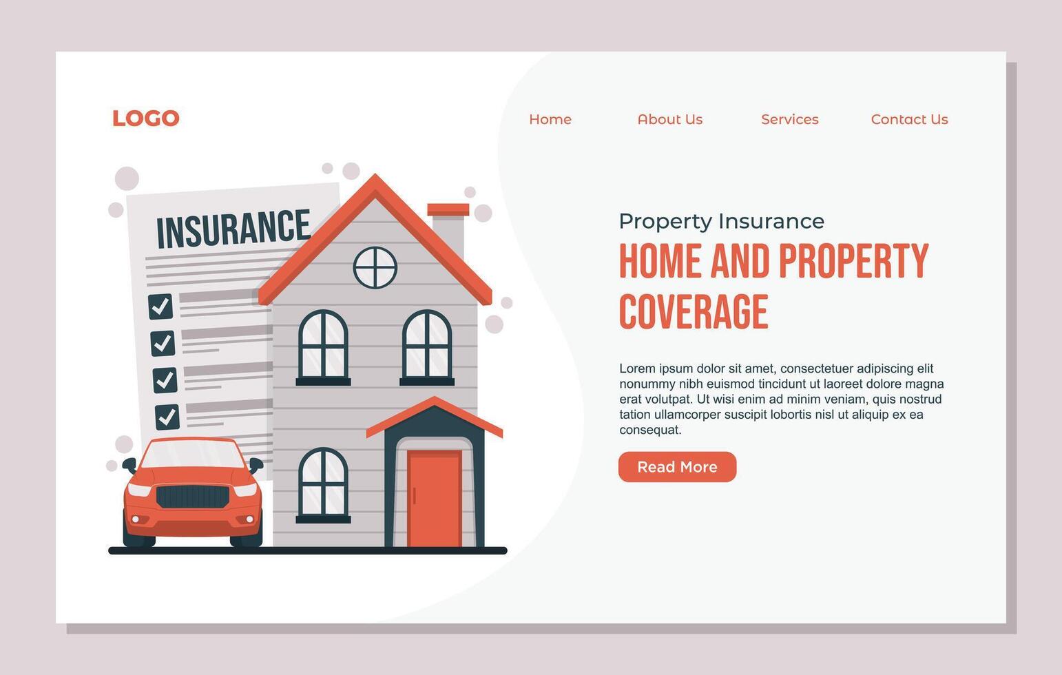 Landing page template Property insurance illustration showing home protection, shield symbol, house form, and safety coverage concept for residential assets vector