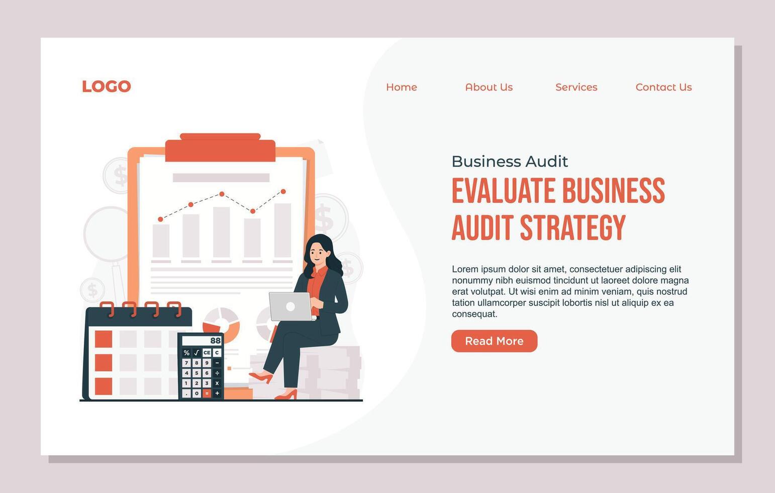 Landing page template for Business audit business analysis and planning. Flat illustration. vector