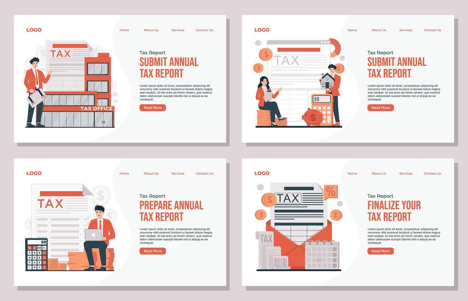 Landing page template Annual tax report concept illustration set with online form filling, payment calculation, and financial responsibility illustration vector