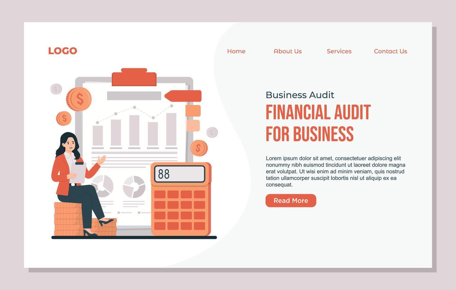 Landing page template of financial analysis Business audit and planning. Flat style illustration. vector