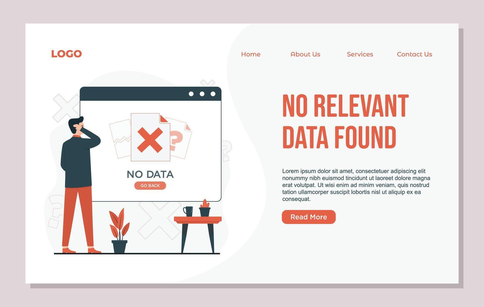 landing page design template of No data concept non-fungible data protection. vector