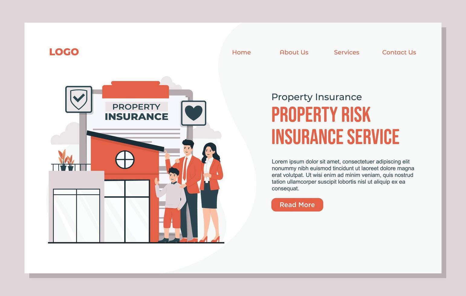 Landing page design template of Property Insurance home house Company. Flat style illustration. vector