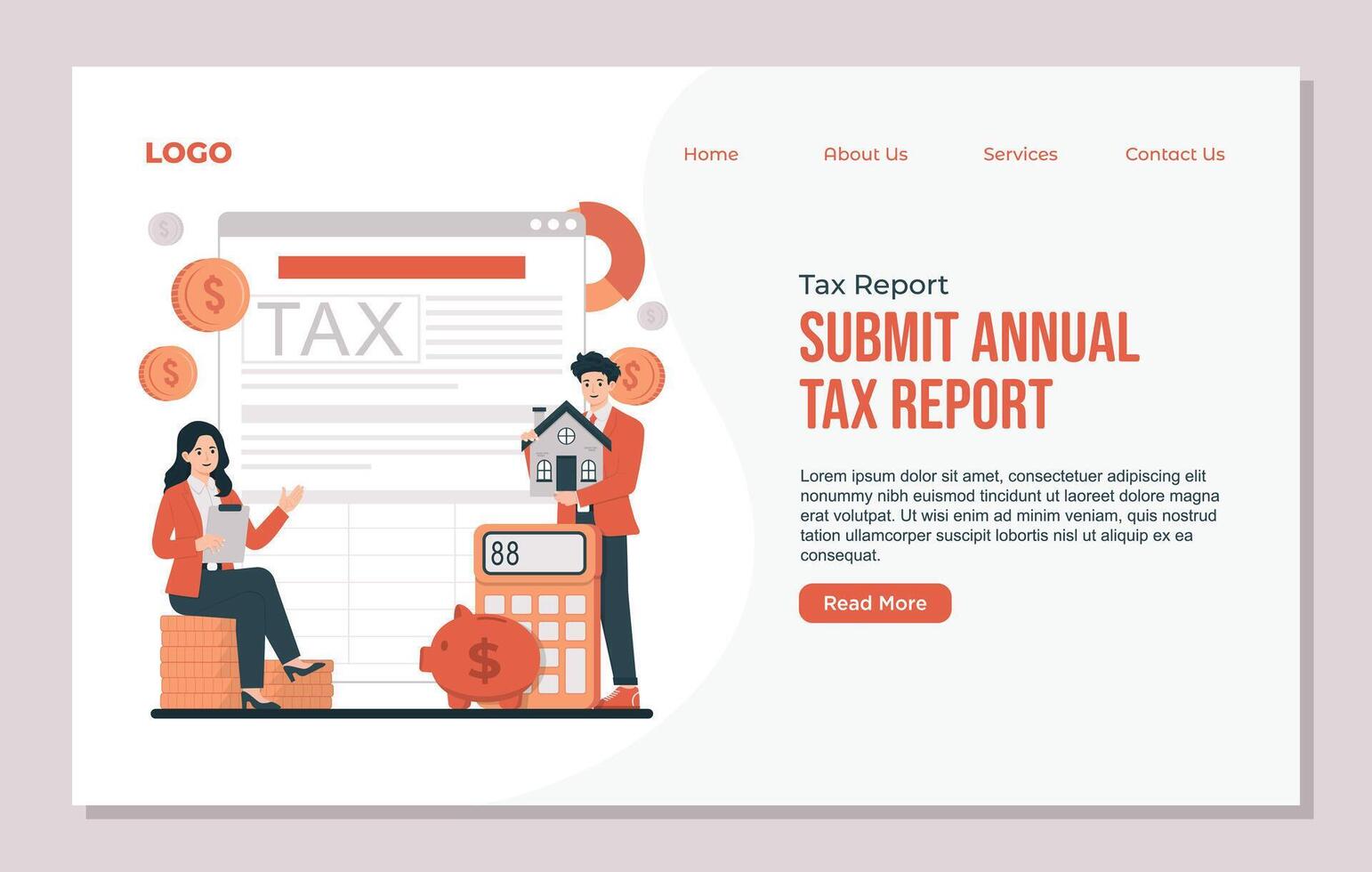 landing page Annual tax report concept with online form filling, payment calculation, and financial responsibility illustration vector