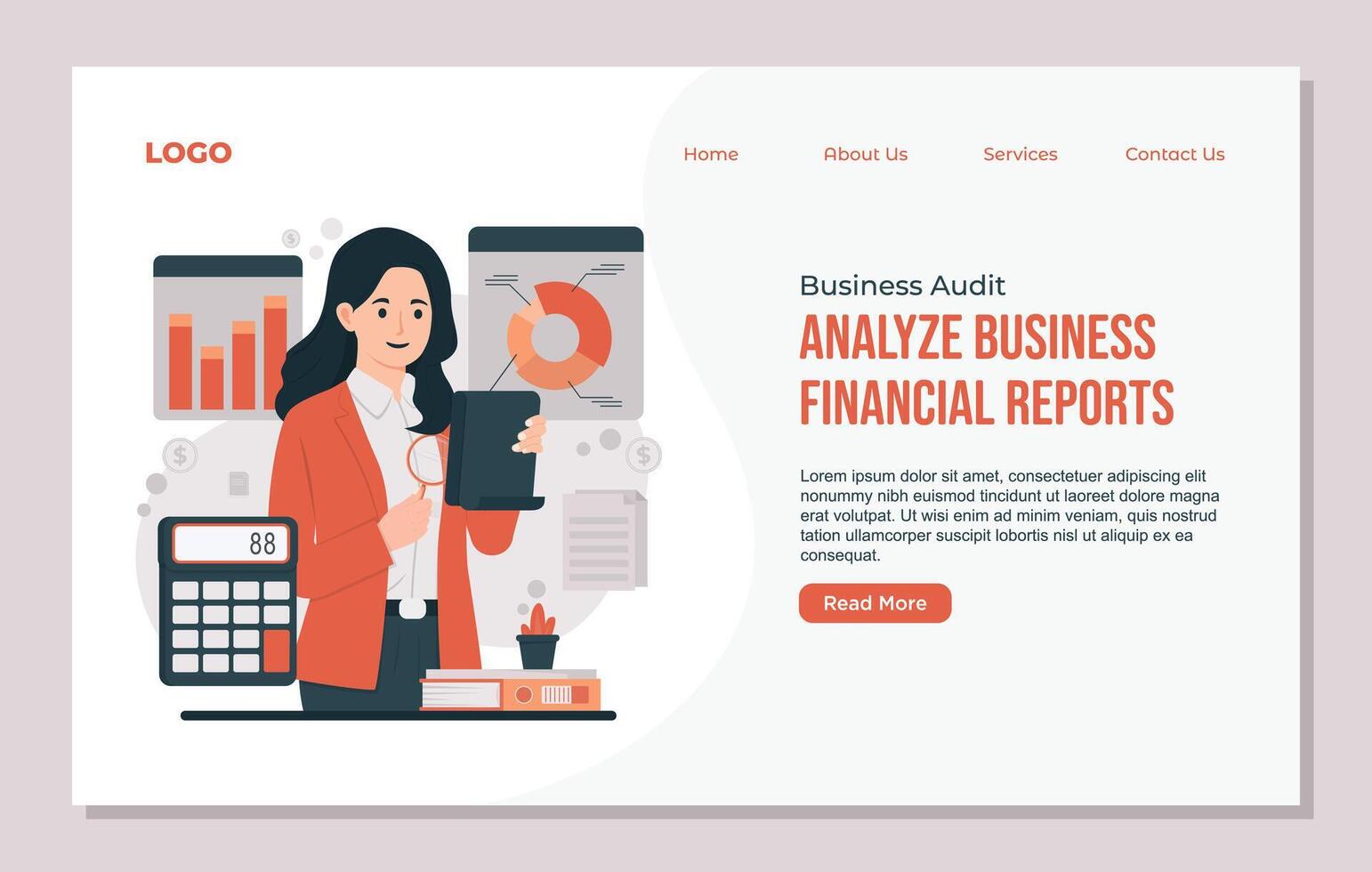 Landing page template for analysis of financial statements Business audit . Flat illustration. vector