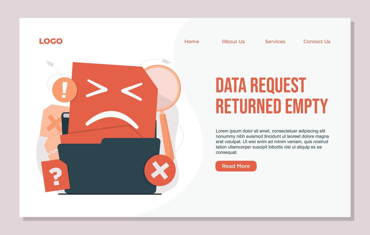 Landing page template No data concept Illustration showing data error, missing files, and corrupted documents symbolizing no data access or failure vector
