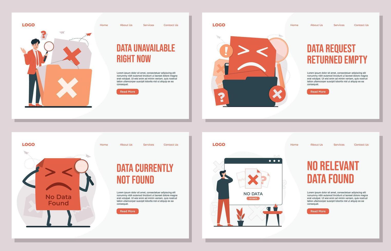 Landing page template No data concept Illustration set showing data error, missing files, and corrupted documents symbolizing no data access or failure vector