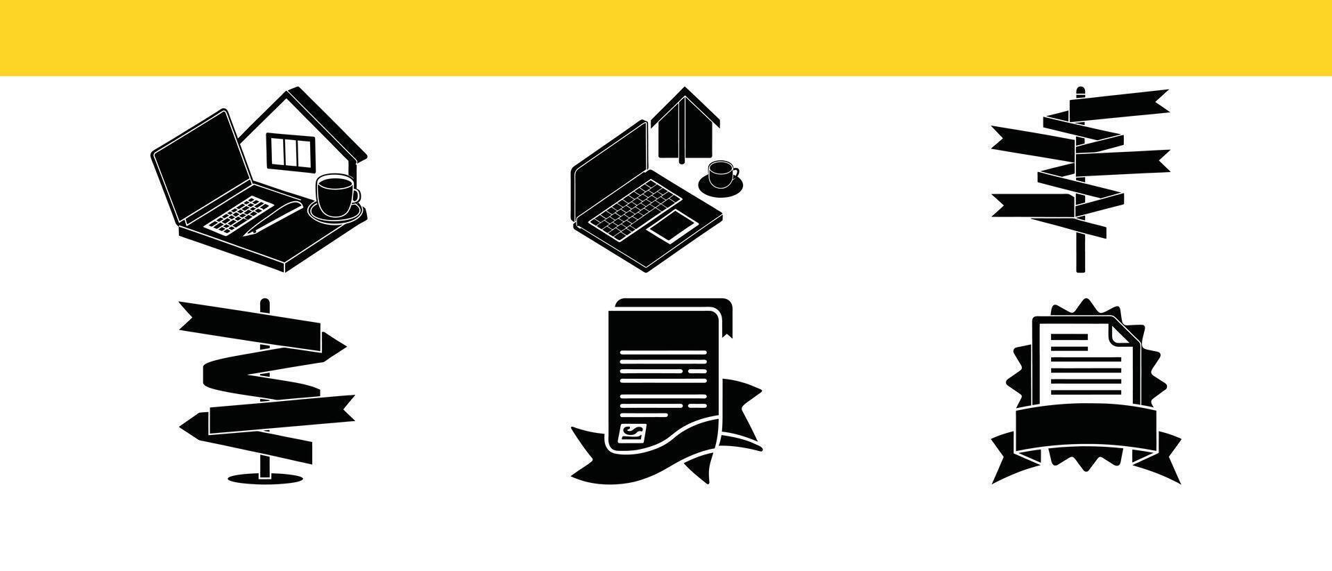 Home workspace laptop coffee road signpost document ribbon icon vector