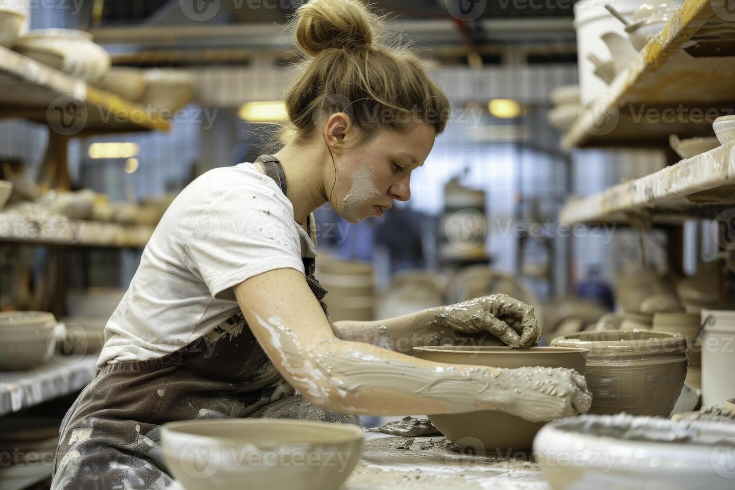 A woman is working on a pottery wheel photo