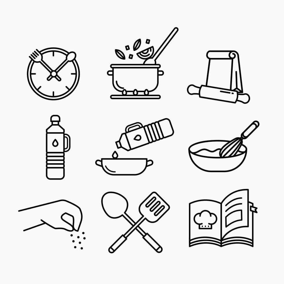 Collection of cookware icons including pots pans utensils and kitchen tools ideal for recipe layouts cooking apps restaurant menus or culinary branding visuals vector