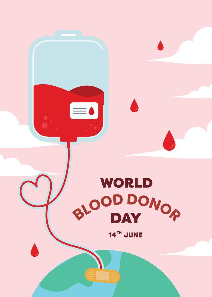 A flat design poster for World Donor Day showcasing a blood donation IV bag as a symbol of compassion, health, and the significance of saving lives through donations vector