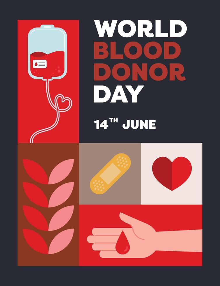 Flat design poster layout for World Donor Day featuring various related elements such as blood bags, hearts, drops, and supportive icons to promote donation awareness vector