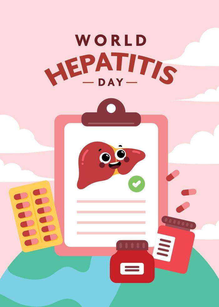 Flat design poster for World Hepatitis Day featuring a clipboard with liver illustration and medicine bottles, symbolizing health awareness, prevention, and treatment vector