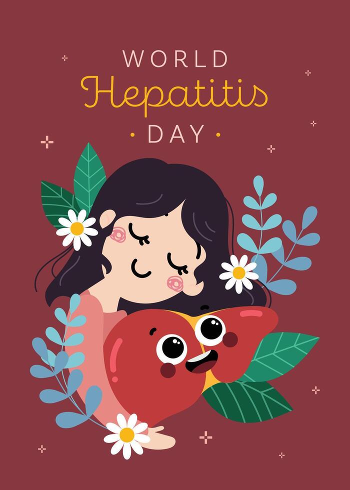 Flat design illustration of a girl hugging a heart symbol to raise awareness for hepatitis day promoting health compassion and care through simple medical themed art vector