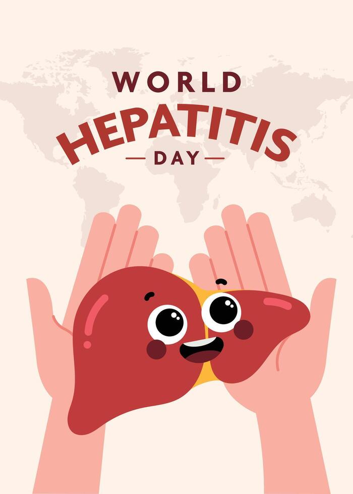 Flat style poster layout for World Hepatitis Day featuring an open hand gesture representing awareness, compassion, and the importance of giving support to others. vector