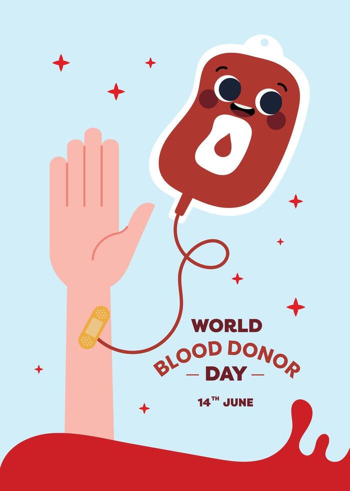 World Donor Day flat style poster with a blood donation IV bag representing care, health, and the critical role of donations in saving lives vector