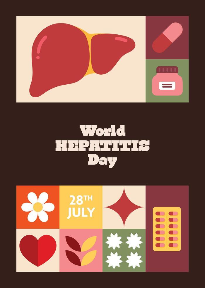 Flat design World Hepatitis Day poster with medical elements such as liver, virus icon, clipboard, and pills to raise health awareness and support global prevention efforts vector