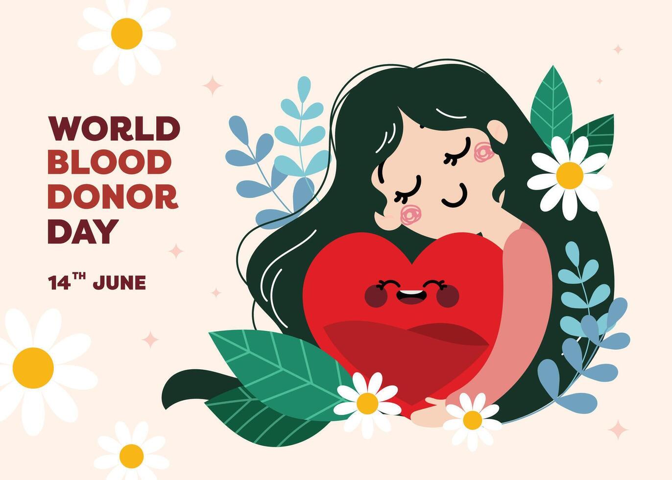 Flat design poster layout for World Donor Day featuring a woman hugging a heart-shaped blood symbol, promoting care, love, and the importance of saving lives through donation vector