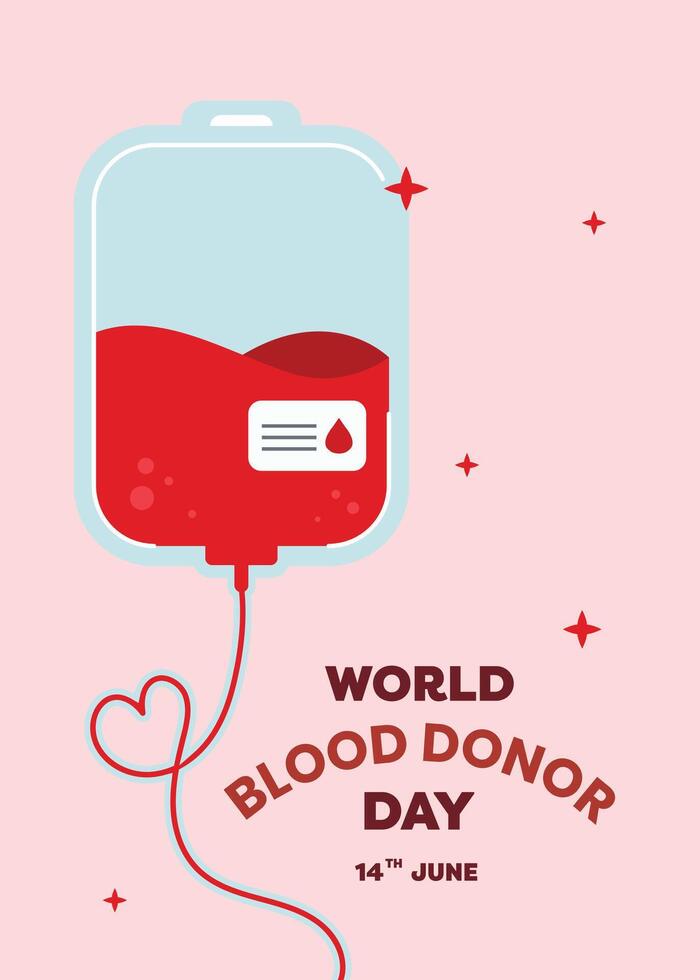 Flat design poster layout for World Donor Day featuring a blood donation IV bag as the central element, symbolizing care, health, and the importance of supporting life-saving donations vector