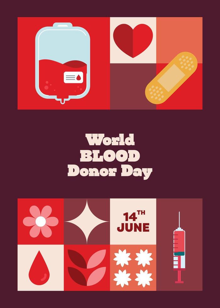 A creative flat design poster for World Donor Day with elements such as blood bags, hearts, and drops, emphasizing the importance of donation and raising awareness vector