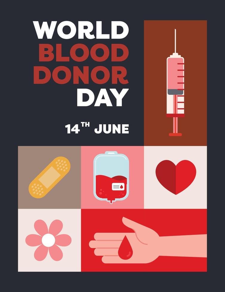 World Donor Day flat style poster featuring symbols like blood bags, hearts, and drops along with supportive icons to promote awareness and encourage life-saving donations vector
