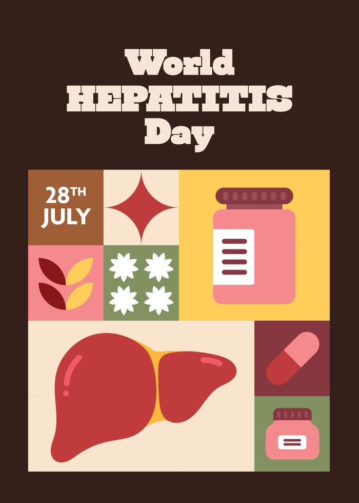 World Hepatitis Day Flat design poster with medical elements such as liver, virus icon, clipboard, and pills to raise health awareness and support global prevention efforts vector