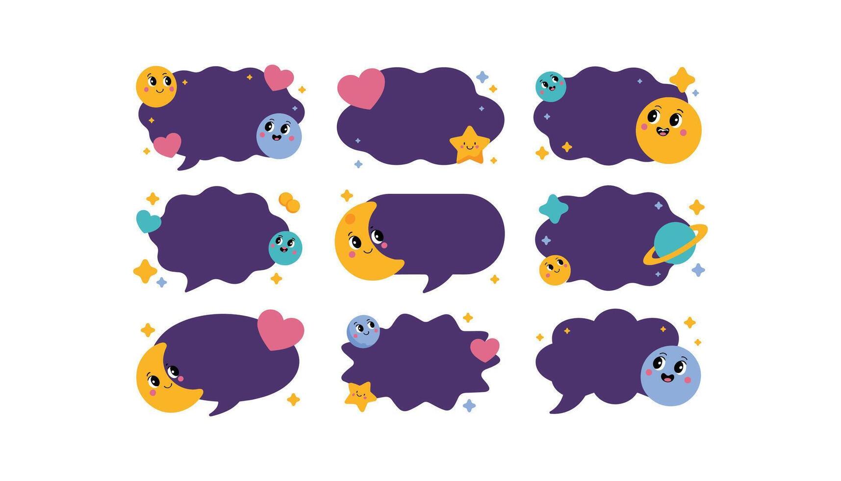 Cute Space-Themed Speech Bubble Stickers with Planets, Stars, and Moons vector