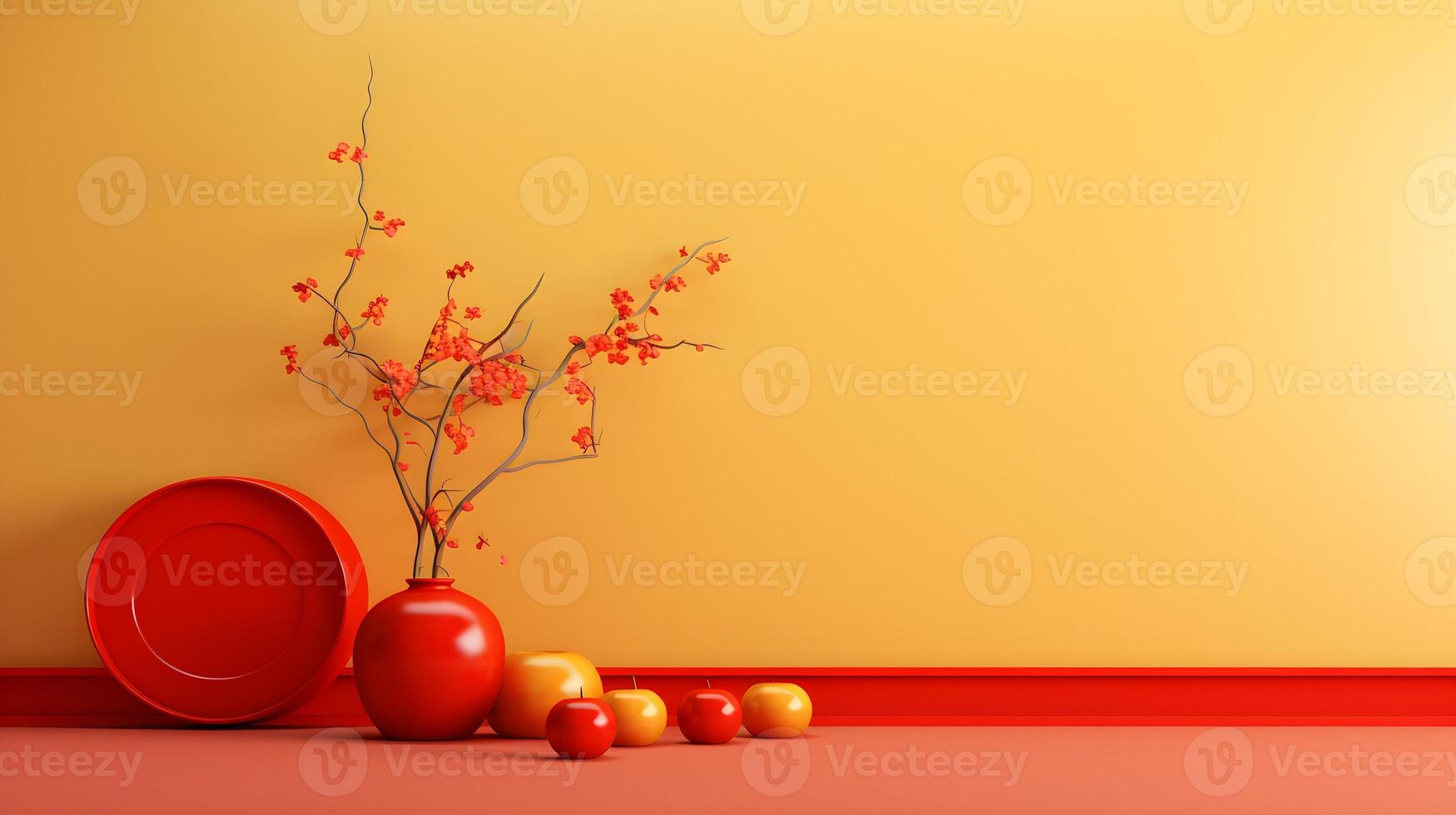 Red and Yellow Minimalist Still Life with Vase Apples and Flowers on Wall photo