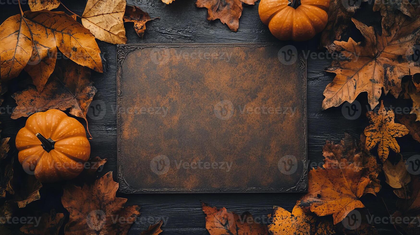Autumnal Background with Pumpkins Leaves and Rustic Slate photo