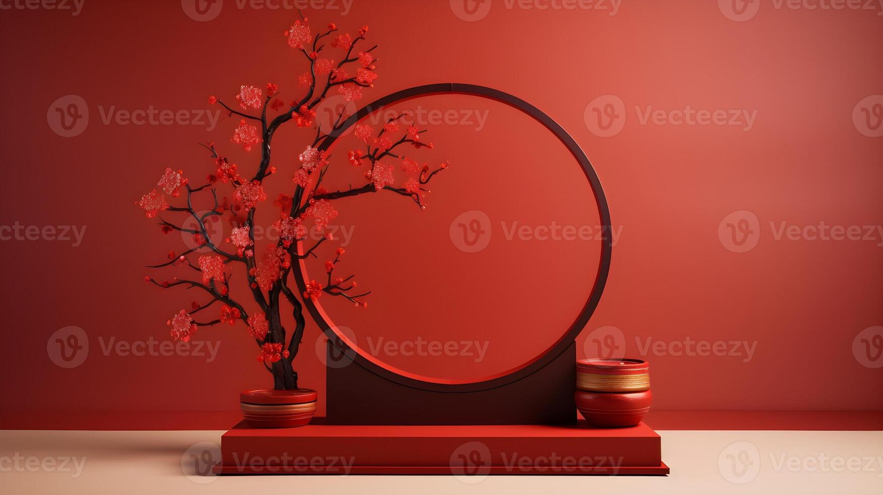 Red Chinese New Year Background with Round Frame and Cherry Blossom Tree photo