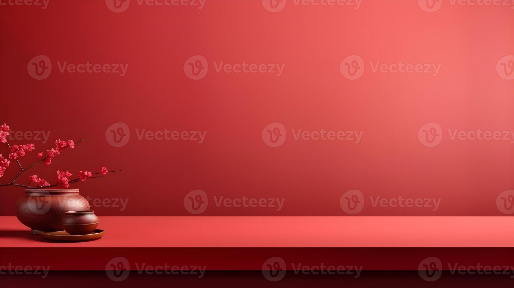 Red Background with Cherry Blossom Branch Pot and Tabletop for Product Display photo