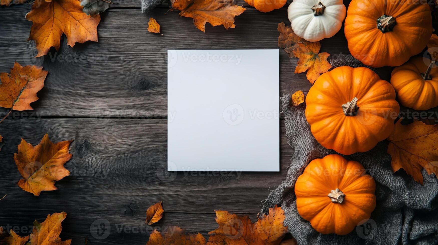 Autumn Thanksgiving Background with Pumpkins and Blank Card on Wooden Table photo