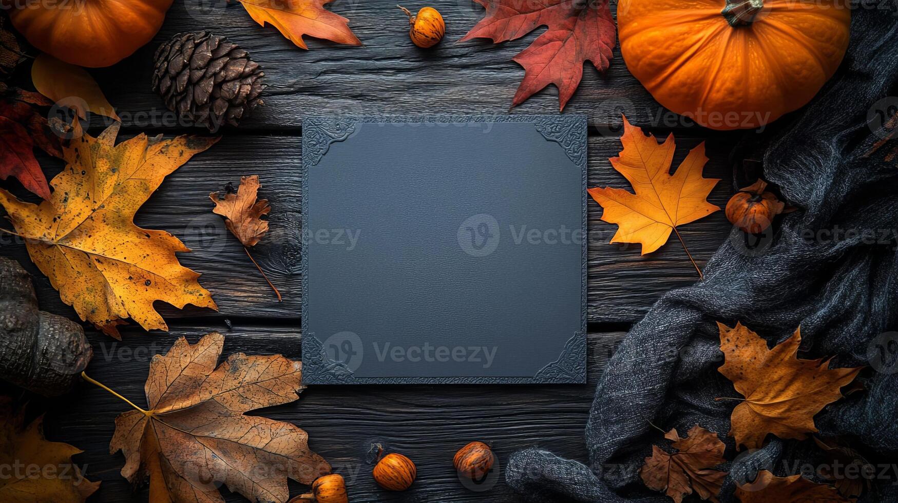Autumn Background with Pumpkin Leaves and Blank Slate photo