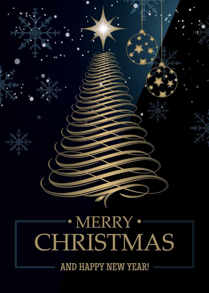 rectangular new year christmas card with stylized fir tree and inscription in the center made on dark background vector