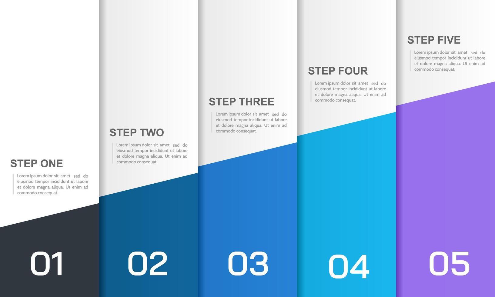 Colorful gradient presentation showing 5 steps of business growth. Business Presentation, Report, Data, Plan and Marketing. vector
