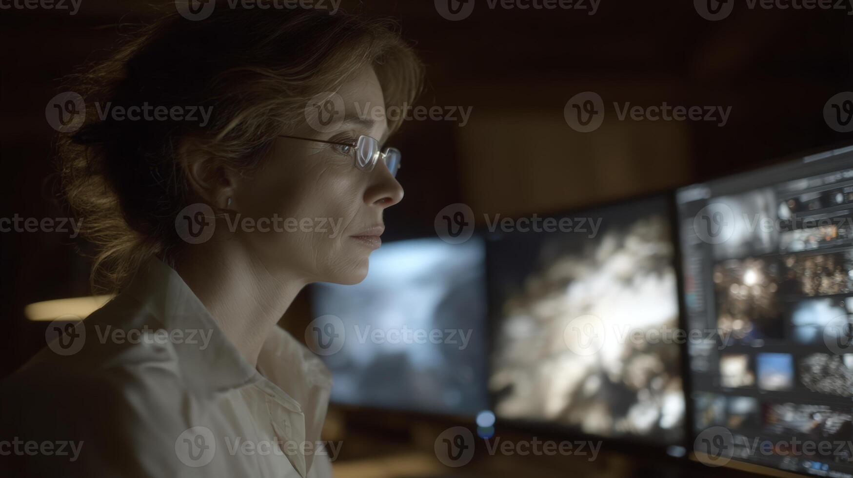 Focused Person Working Late at Night on Multiple Computer Screens photo