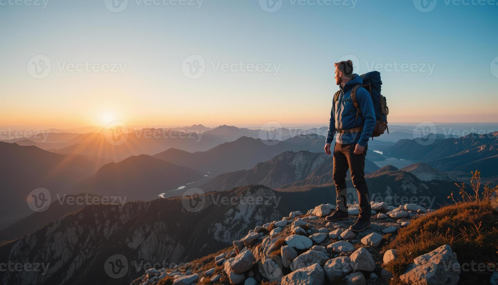 Person on Mountain Peak at Sunrise, Overlooking Vast Mountain Range photo