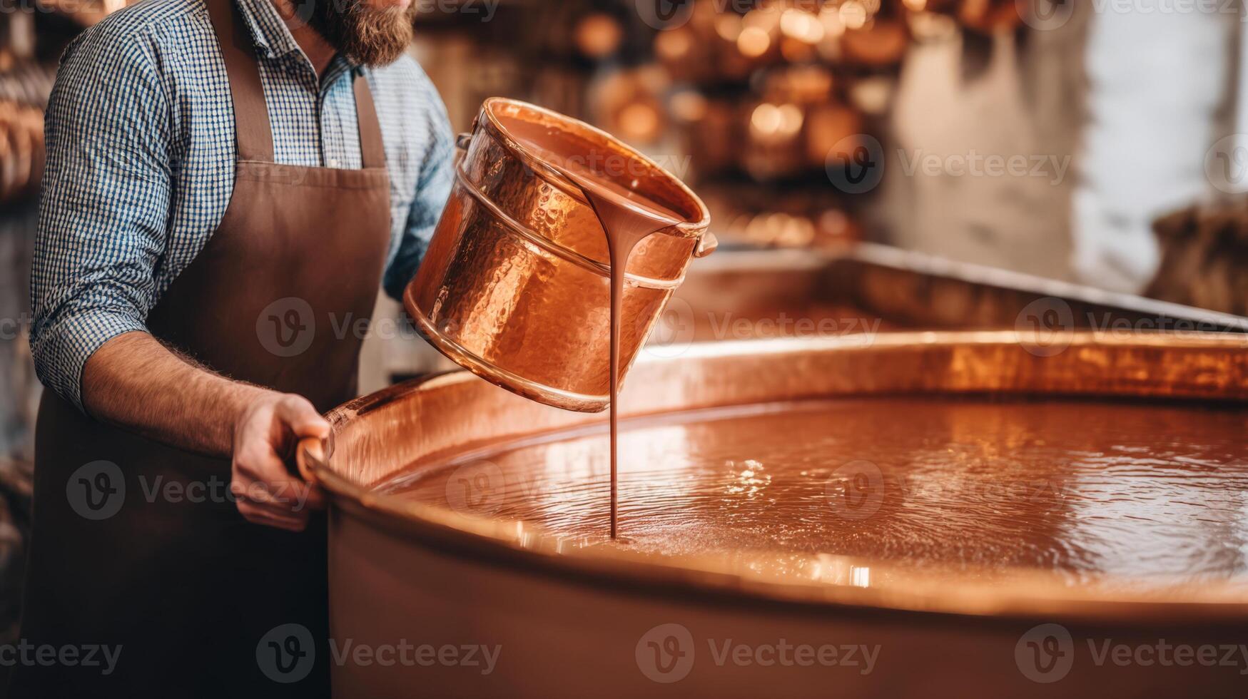 Close up of a Chocolatier Tempering Chocolate in a Copper Pot photo