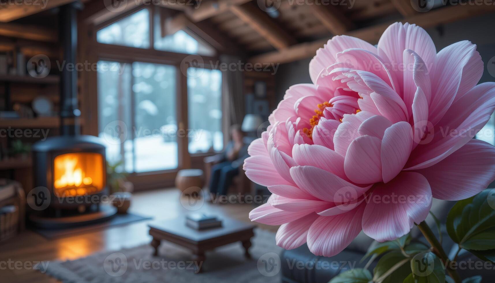 Pink Peony in Rustic Cabin Interior with Warm Fireplace Glow and photo