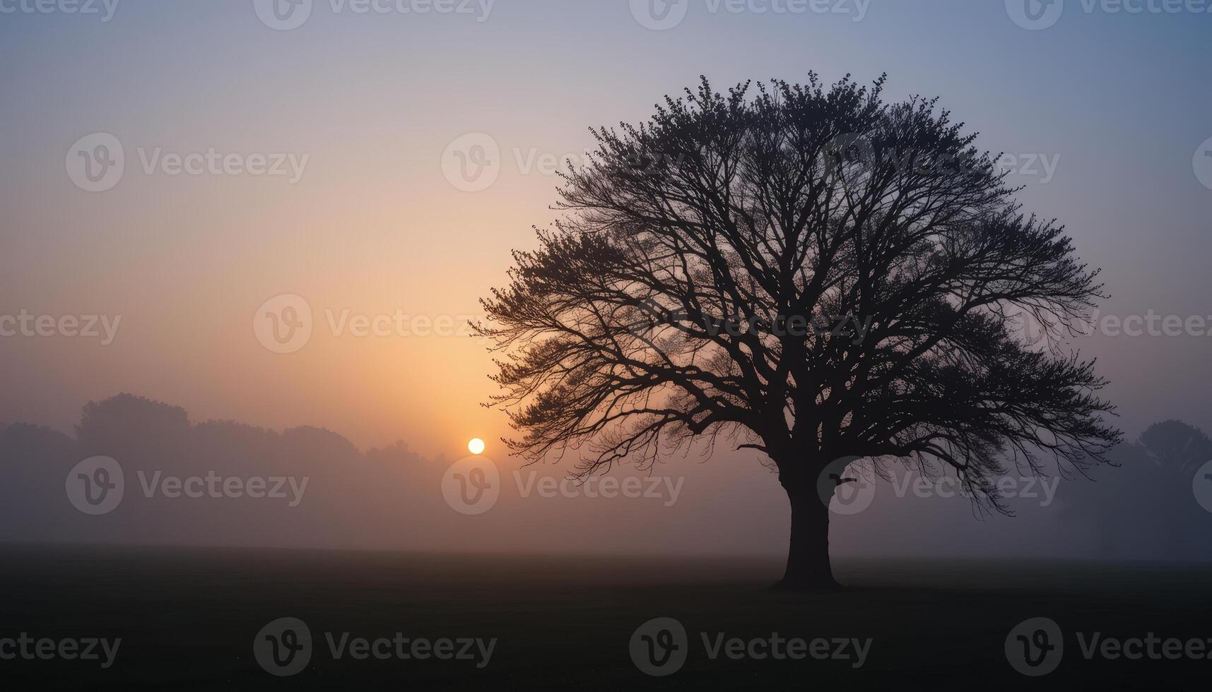 Silhouette of a Large Tree in Misty Field at Sunrise photo