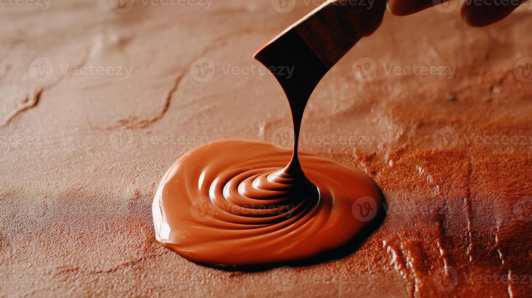 Close Up of a Chocolatier Tempering Dark Brown Chocolate, Swirling Molten Liquid onto a Brown Surface photo