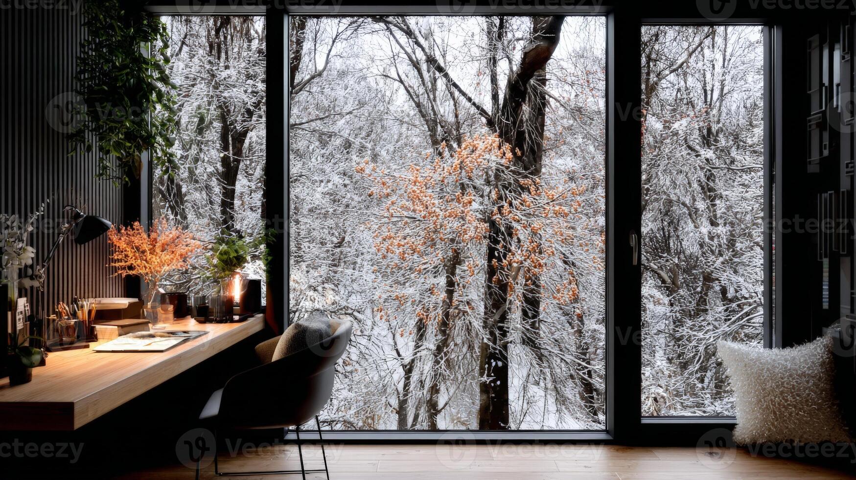 Cozy Winter Study with Desk Lamp and Snow View photo