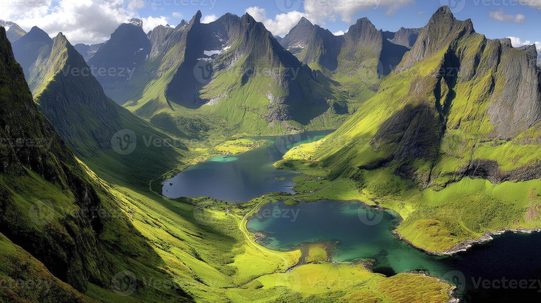 Serene Mountain Valley with Turquoise Lakes and Lush Greenery photo