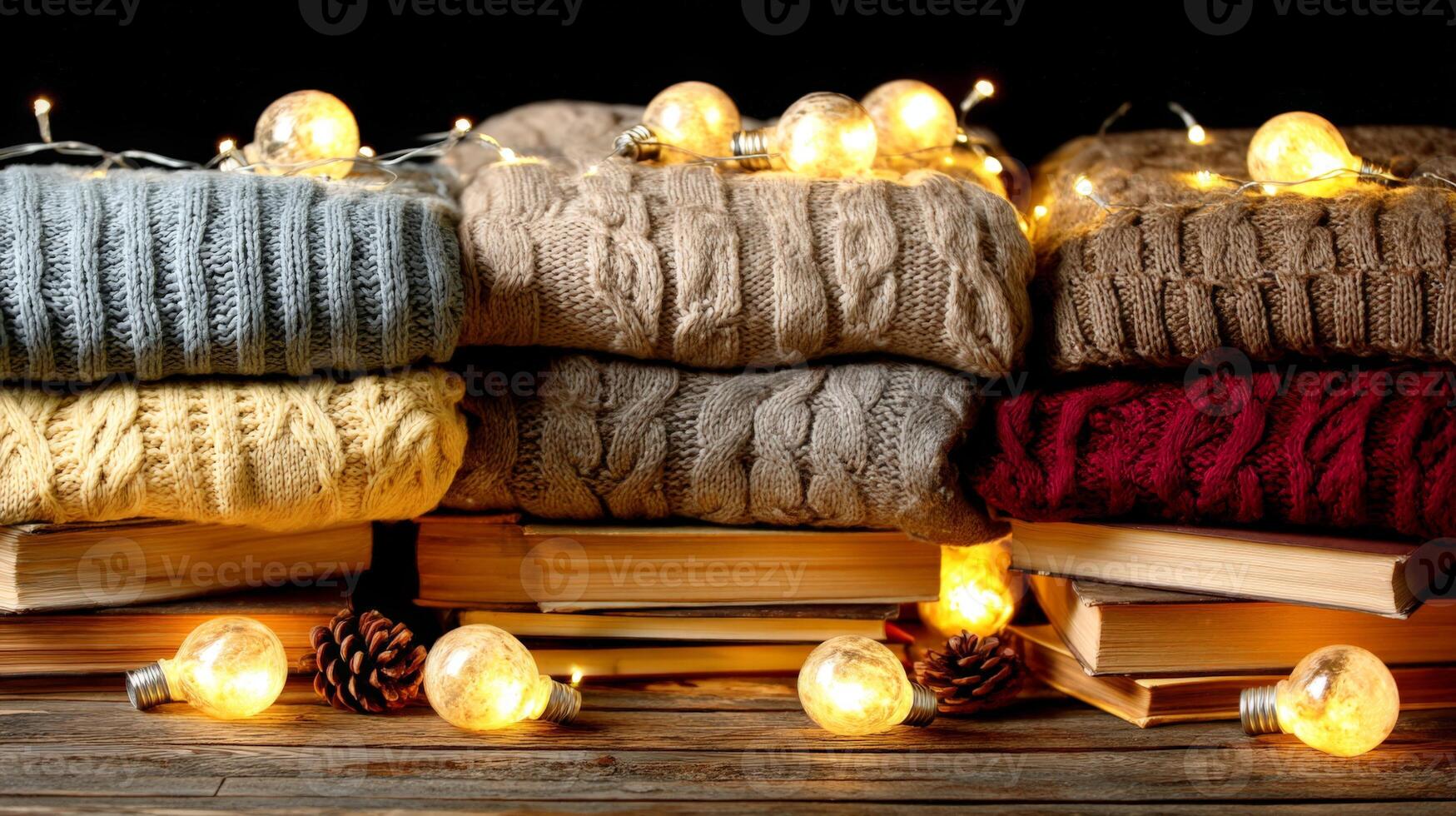 Cozy Autumn Still Life with Stacked Knit Sweaters Books and Warm Lights photo