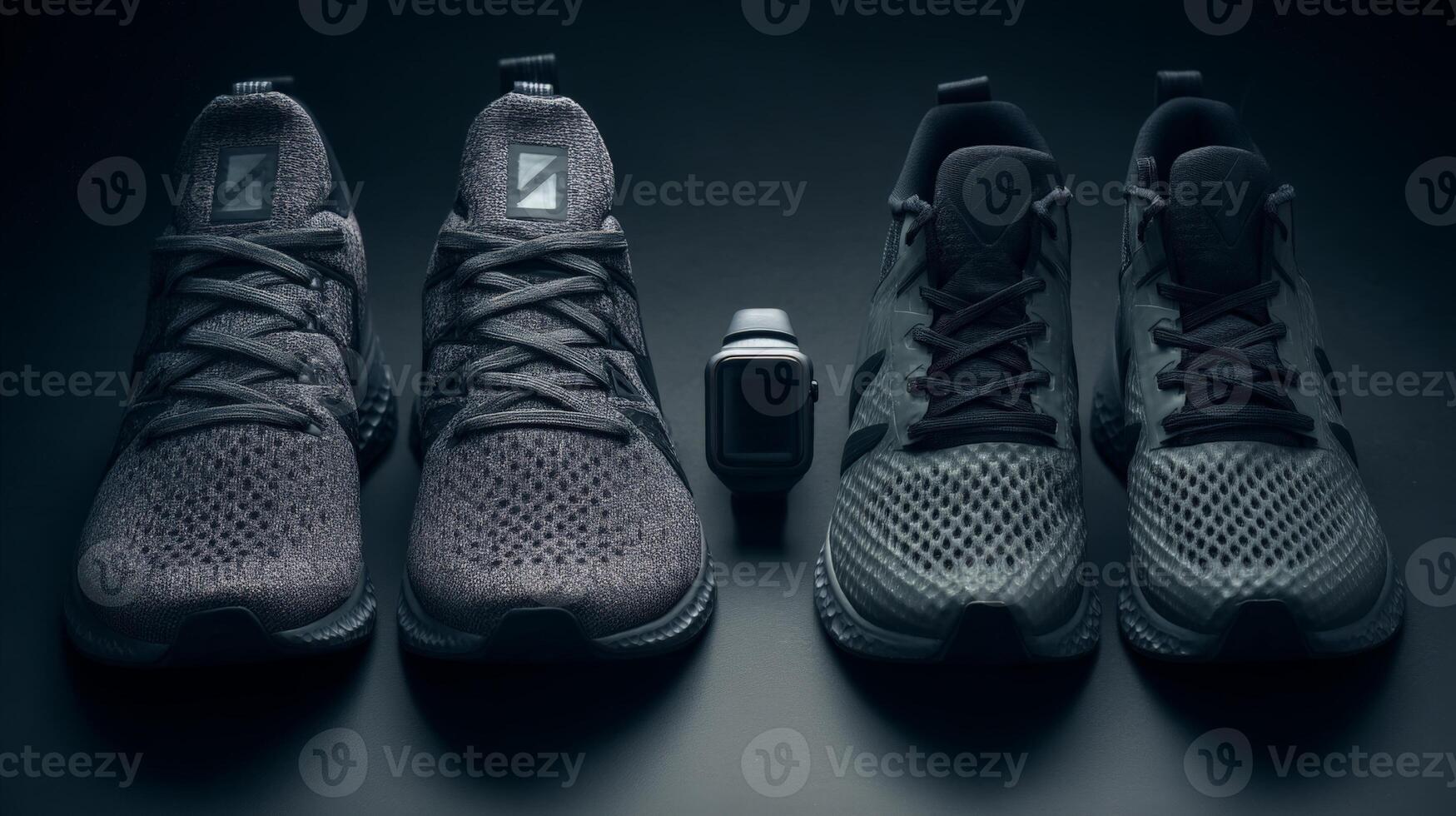 Pair of Grey and Black Knit Running Shoes with Smartwatch on Dark Background photo