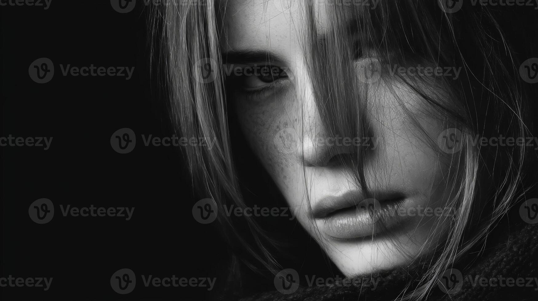 Closeup Black and White Portrait of a Woman with Intense Gaze photo