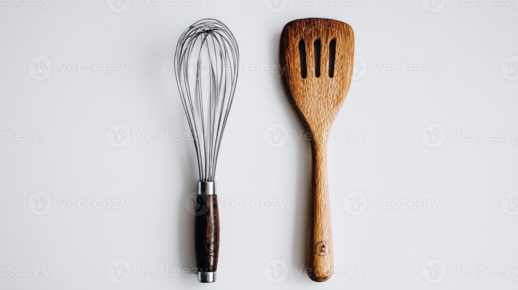 Minimalist Flatlay of Kitchen Utensils Whisk and Wooden Spatula on White Background photo